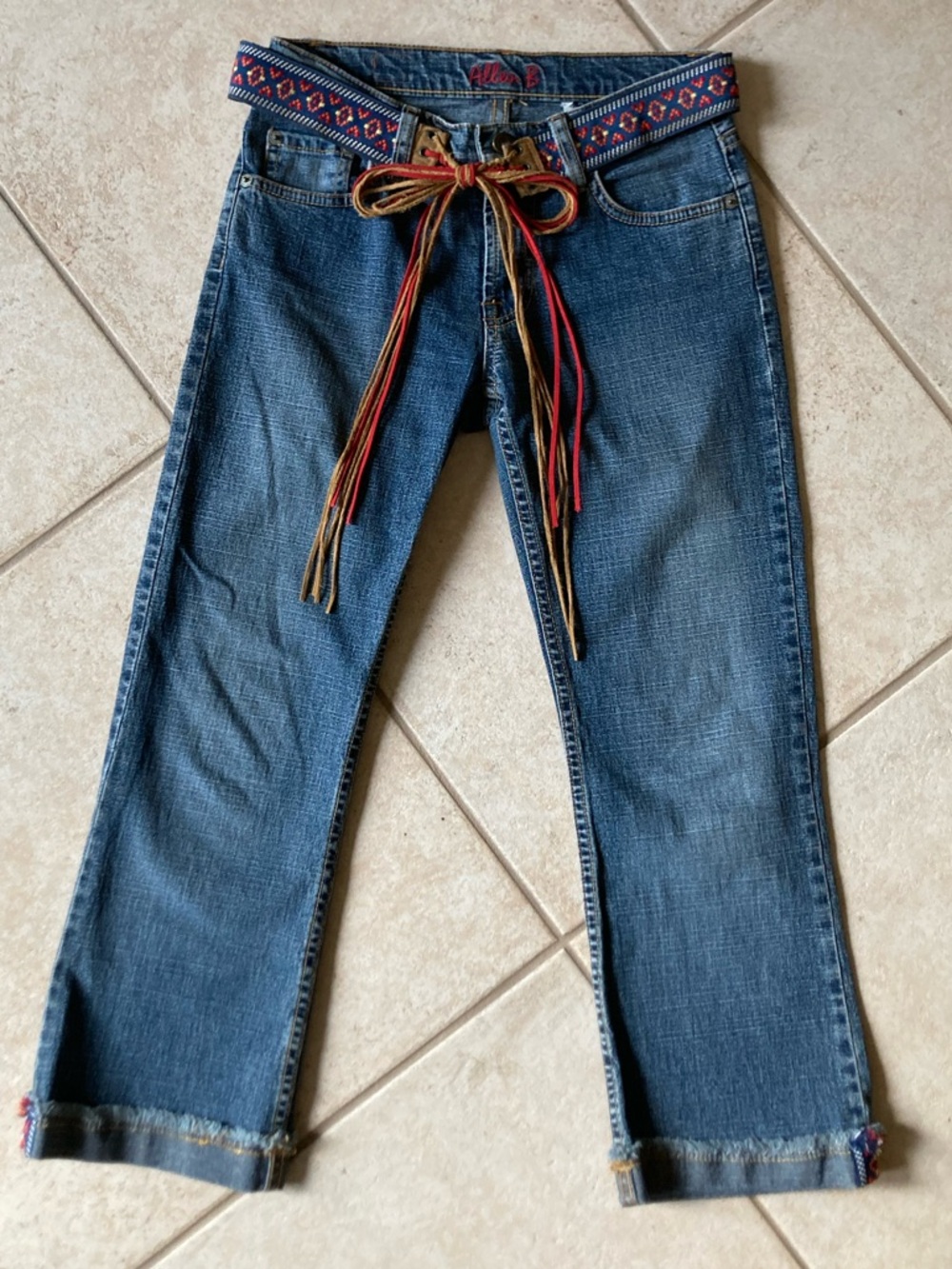 Allen B. By Allen Schwartz Blue Straight Leg Jeans with Multicolor Woven Belt